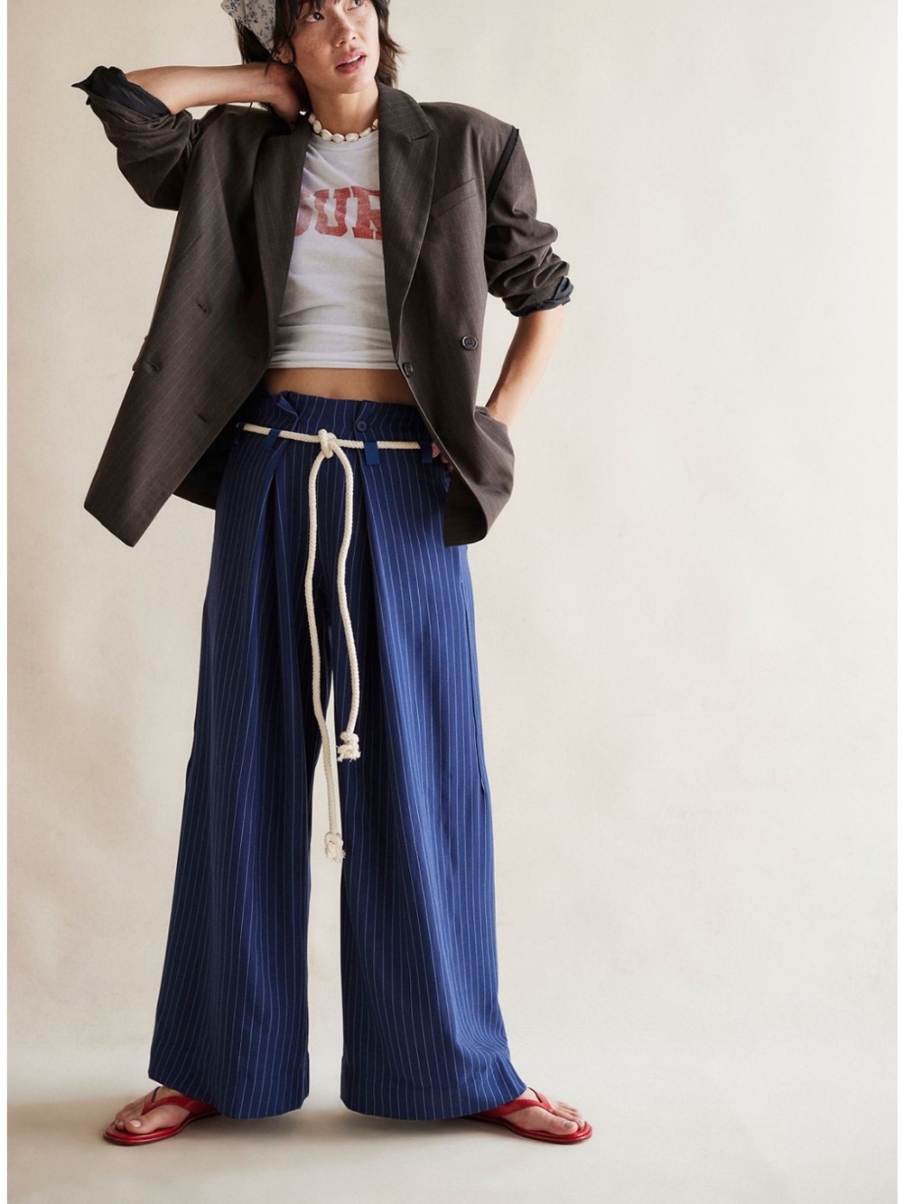 Free People Navy Pinstripe Wide-Leg Pants